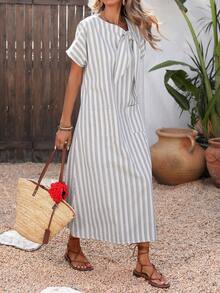 SHEIN Holidaya Breezaya Women's Casual Vacation Loose Cotton Striped Dress - Multicolor - View 6