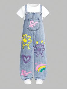 SHEIN 女童时尚花卉、爱心、彩虹和涂鸦印花休闲柔软水洗牛仔连体裤，可调节肩带宽松版型，适合搭配短袖/长袖上衣，完美适合日常穿着和旅行，四季皆宜。 - 淺色水洗藍 - 查看 9