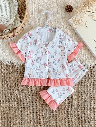2pcs Baby Girls Cute Fox, Rabbit & Floral Print Contrast Color Ruffle Trim Short Sleeve Cardigan & Casual Pants Set Girls Short Sleeve Set Baby Girl Pajama Set Baby Girl Two-Piece Set Toddler Girls Cute Vintage Style Baby Girl Outfit 2pcs Set Toddler Girls Cute Vintage Style