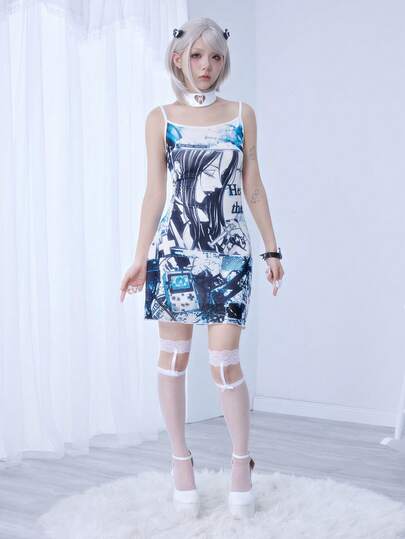 Y2K Anime Medical Syringe Pill Game Print Mini Dress For Women