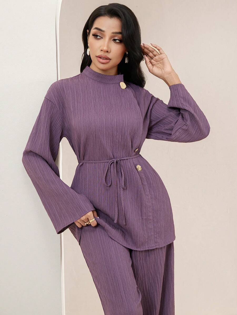 Veilorie Women's Conservative Casual Metal Buckle Shirt And Pants Set Purple Two Piece Modest Long Sleeve Wide Leg Sets For Women
