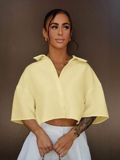 SAYEHFBABY Yellow Woven Cropped Blouse For Women