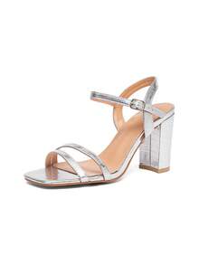 CUCCOO SZL Sandalias de tacón grueso cómodas con correa para mujer - Plateado - Ver 2