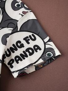 SHEIN Kung Fu Panda Tween Girl Casual Panda Print Round Neck Short Sleeve Nightgown, Summer - Black and White - View 5