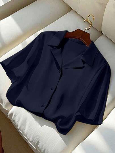 Franclia 大码女式纯色翻领短袖纽扣休闲宽松通勤优雅衬衫