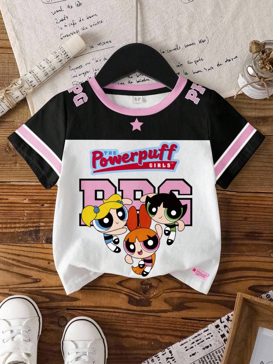 THE POWERPUFF GIRLS X SHEIN Young Girl Summer Casual Colorblock Blossom, Bubbles, Buttercup Pattern Round Neck Short Sleeve T-Shirt - White - View 1
