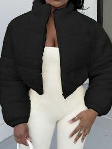 Alexandranx Women Solid Color Long Sleeve Casual Cropped Fluffy Jacket In Fall/Winter - Black - View 3
