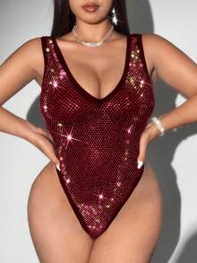 Viva Relle Valentine Sexy Rhinestone Fishnet Sleeveless Bodysuit, Suitable For Party, Music Festival, Plus Size - Burgundy - View 4