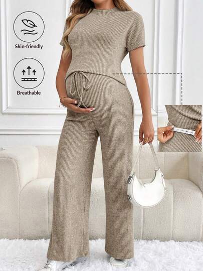 SHEIN Maternity Solid Color Stand Collar Short Sleeve Ribbed Loose Breathable 2 Pieces Set, Summer Pregnancy Clothes Maternity 2 Piece Set Maternity Clothes Two Piece Suits Comfortable Two Piece Set Maternity Ribbed Set