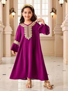 Girls' Traditional Arabic Clothing, Abaya, Purple Base With Gold Lace Embroidery, V-Neck + Flare Sleeves, Elegant And Youthful Design, Suitable For Ramadan Family Gatherings - Purple - View 4