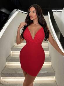 SHEIN SXY Sexy V-Neck Backless Mermaid Dress, Red, Summer, Valentine's Day - Red - View 5