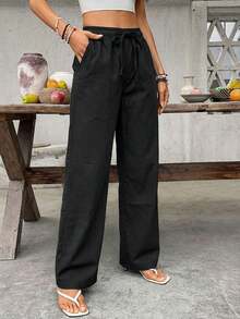 SHEIN Holidaya Quần jeans nữ ống đứng dáng rộng, màu trơn, cạp chun, dây rút, túi hông. - màu đen - Xem 5