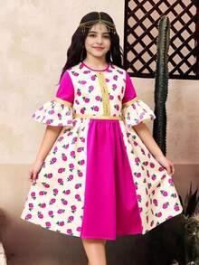 Tween Girl Pink Floral Autumn Elegant Party Dress,Round Neck Gold Ribbon Contrast Burgundy Rose Modest Arabic Traditional Clothing Abaya Patchwork - Multicolor - View 6