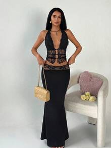 TRNVIE Black Lace V-Neck Backless Spaghetti Strap Camisole & Low Waist Lace Mini Skirt 2-Piece Set, Suitable For Party, Christmas, Valentine's Day, New Year - Black - View 6