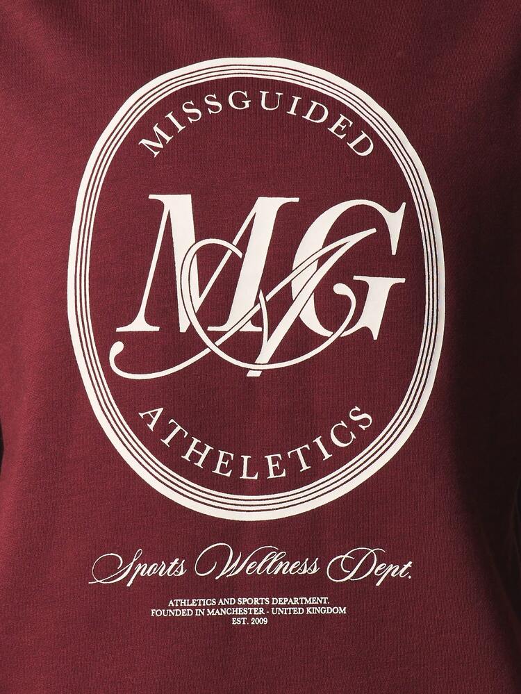 MISSGUIDED Oversized Burgundy Crew Neck Sweatshirt With Large Circle Logo Print For Casual Fall Winter Comfort