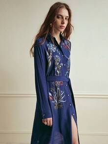 Écloséra 优雅休闲刺绣衬衫领长袖系腰A字中长连衣裙，适合春秋季穿着。 - 藏蓝色 - 查看 5