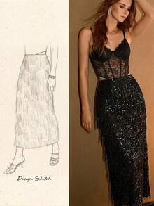 MOTF PREMIUM Falda recta con detalle de flecos de lentejuelas para mujer, para uso en fiestas - Negro - Ver 8