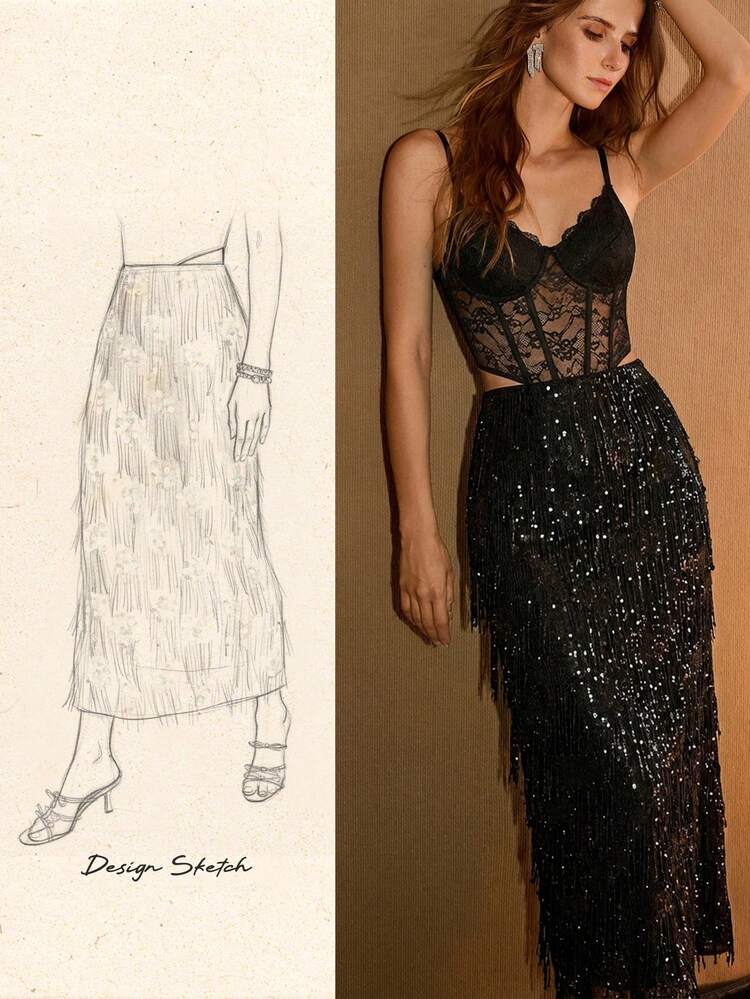 SEQUIN FRINGE DETAIL STRAIGHT SKIRT FOR WOMEN, PARTY WEAR