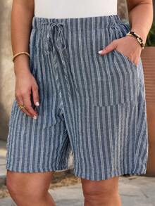 EMERY ROSE 大码女式夏季休闲条纹抽绳腰短裤 - 彩色 - 查看 4