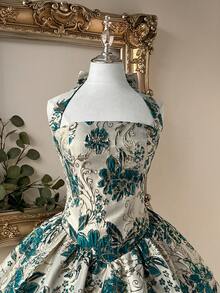 Lovelzi 优雅浪漫的时尚绿色提花吊带A字连衣裙，适合优雅派对、婚礼宾客、单身派对、舞会等场合。 - 綠色 - 查看 4