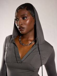 Normani Women's Casual V-Neck Drawstring Hooded Pullover Sweatshirt - Grey - View 7