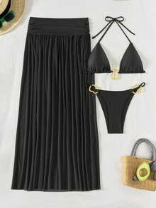 Bonvoyette 3件套金属面料纯色三角挂脖性感优雅度假比基尼套装，配不对称金属环和长款网纱沙滩裙，女士泳装 - 黑色 - 查看 4