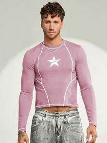 FeverCity Camiseta de manga larga para hombre con estampado de estrellas y costuras de contraste - Rosa - Ver 5