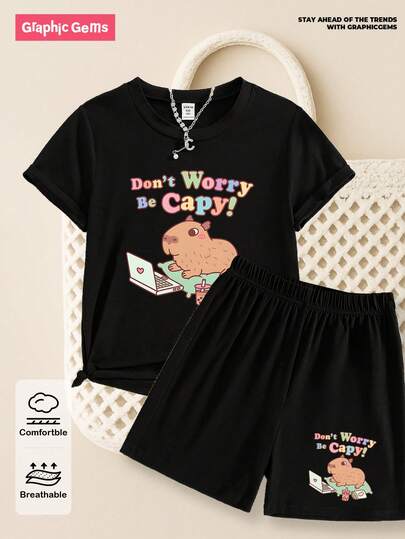 GraphicGems Ensemble de deux pièces pour préadolescentes avec t-shirt à col rond à manches courtes et imprimé graphique "Ne t'inquiète pas, sois capy" et short noir