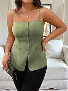 Vionelle Plus Size Women's Elegant French Style Front Button Split Hem Camisole Top, Suitable For Commuting, Afternoon Tea, Party Tops For Women Elegant Mint Green Women Light Green Top Green Summer Top Sage Green Top Green Top Women Green Blazer Women - Mint Green - View 4