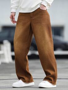 Manfinity Homme Jeans casuales de unicolor para hombres - Café integral - Ver 4