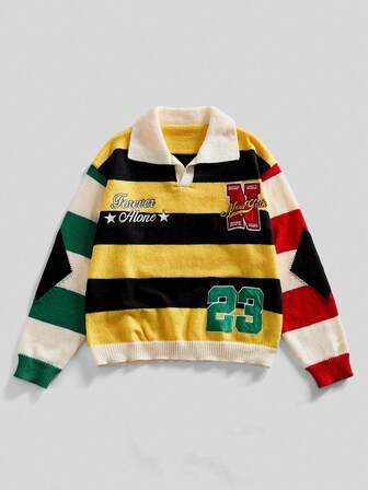 Pull à manches longues rayé avec motif brodé pour homme