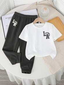 Set de 2 piezas de top de manga corta con cuello redondo y pantalones con estampado de dibujos animados casual para niño, adecuado para el verano - Multicolor - Ver 2