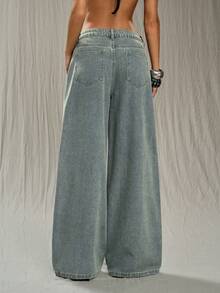 TRNVIE Fashionable Casual Street Style Retro V-Shape Low Waist Wide Leg Jeans - Light Wash - View 2