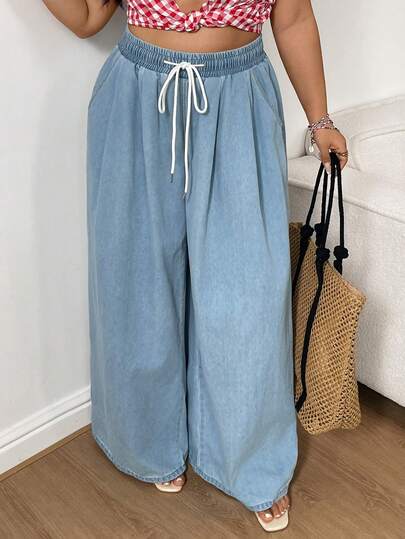 Sunnyshic Plus Size Women's Fashionable Casual Loose Fit Denim Wide Leg Pants, Summer