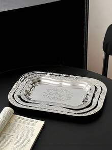 1 Piece Large Vintage Stainless Steel Tray With Elegant French Embossed Pattern High Quality Durable Cake Plate Serving Tray For Home Dining Tabletop Storage Decor Party Wedding Coffee House Essential Hot Item - Silver - View 7