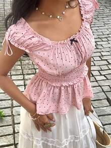 Sunnyshic Áo kiểu babydoll tay ngắn, thắt eo, in chấm bi dễ thương dành cho nữ, thích hợp cho mùa xuân/hè. - Hồng - Xem 5