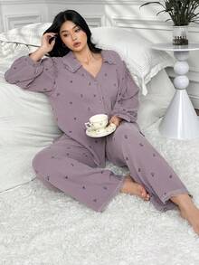 Dazy Plus 2pcs Plus Size Women Ditsy Floral Loose Top With Lace Trim And Casual Pants Pajama Set, Elegant Home Wear - Dusty Purple - View 7
