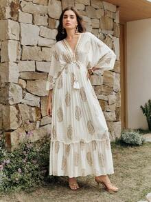 Anewsta Women's New Dress, French Bohemian Style, Classic Paisley Pattern, Cashew Flower Jacquard Vertical Stripe Gold Thread Fabric, Deep V-Neck, Drawstring Waist, Tassel Hem, Casual Holiday Long Dress - Apricot - View 6