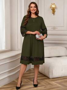 EMERY ROSE Đầm đen dáng rộng, thanh lịch, cổ tròn, tay lỡ 3/4, phối lưới tương phản, dành cho nữ cỡ lớn, thích hợp mặc mùa đông. - xanh quân đội - Xem 5