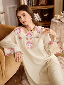 PalaceNights Embroidered Floral Trim V-Neck Loose Fit Long Sleeve Women Nightgown - Apricot - View 1