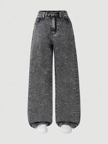 SHEIN Sparklyn Girls' Wide Leg Jeans, New Design Embroidered Bow Straight Leg Pants, Loose Fit Jeans For Girl, Girls Loose Jeans - Grey - View 3