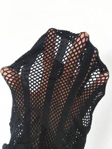 BamGleam 女士针织镂空性感网纱上衣套装，黑色条纹连体衣和薄纱罩衫，春夏款 - 黑色 - 查看 6