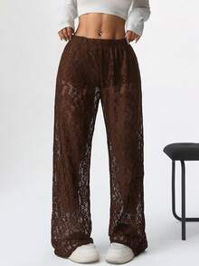 SHEIN EZwear Quần dài ren xuyên thấu màu nâu cà phê dành cho nữ, thích hợp cho các bữa tiệc và đi chơi hàng ngày, mùa xuân/hè. - Cà phê nâu - Xem 4