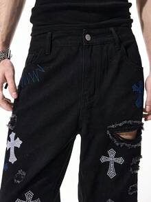ROMWE MEN Jeans acampanados con bolsillo con gráfico de cruz de rhinestone y desgastados para hombres - Negro - Ver 2