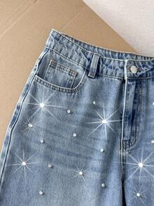 Comfortcana Quần jeans nữ dáng suông, chất liệu denim mài, đính đá lấp lánh, thích hợp cho ngày Valentine mùa xuân, quần jeans nữ thường ngày, quần jeans lấp lánh. - Rửa trung bình - Xem 3