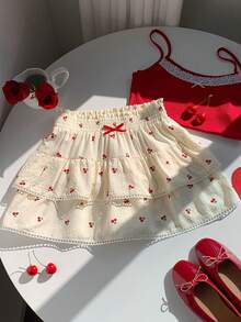 Comfortcana Women's Casual Cherry Print Ruffle Hem Skirt, Summer Elegant, Vacation, Casual, Y2k Summer Spring Valentine's Day Valentine Carnival Beach Birthday Party Wedding Going Out For Women 2026 New Fashionable Summer Women Spring Women Valentine's Day Going Out Cherry Print Casual Vacation Skirt - Multicolor - View 4