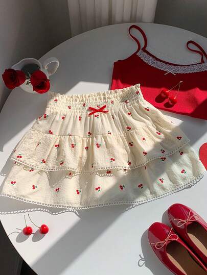 Comfortcana Plus Size Cherry Print Bow Ruffle Hem Casual Vacation Mini Skirt, Spring/Summer