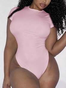 Alexandranx Bodysuit Feminino de Malha de Cor Sólida com Gola Redonda e Manga Curta - Rosa Bebê - Visão 5