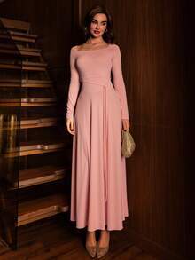 Modelyn Women's Solid Color Square Neck Long Sleeve Elegant Waist Cinched Dress - Pink - View 3