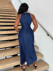 Alexandranx 简约优雅斜裁双面缎纹醋酸纤维面料 A 字型无袖连衣裙，凸显女性魅力 - 藏蓝色 - 查看 2